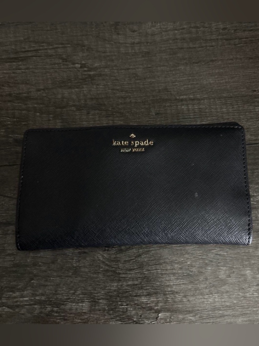 kate spade Black Leather Zip Wallet with Gold Logo